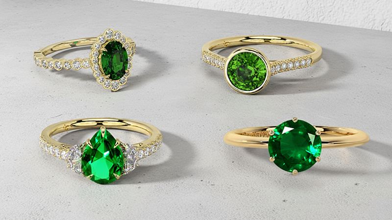 different emerald ring styles such as solitaire, halo, three stone, and vintage
