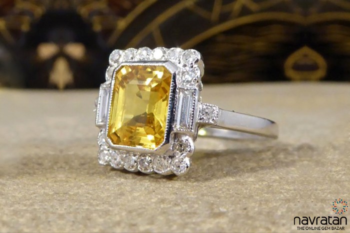 square Yellow Sapphire ring surounded by diamonds