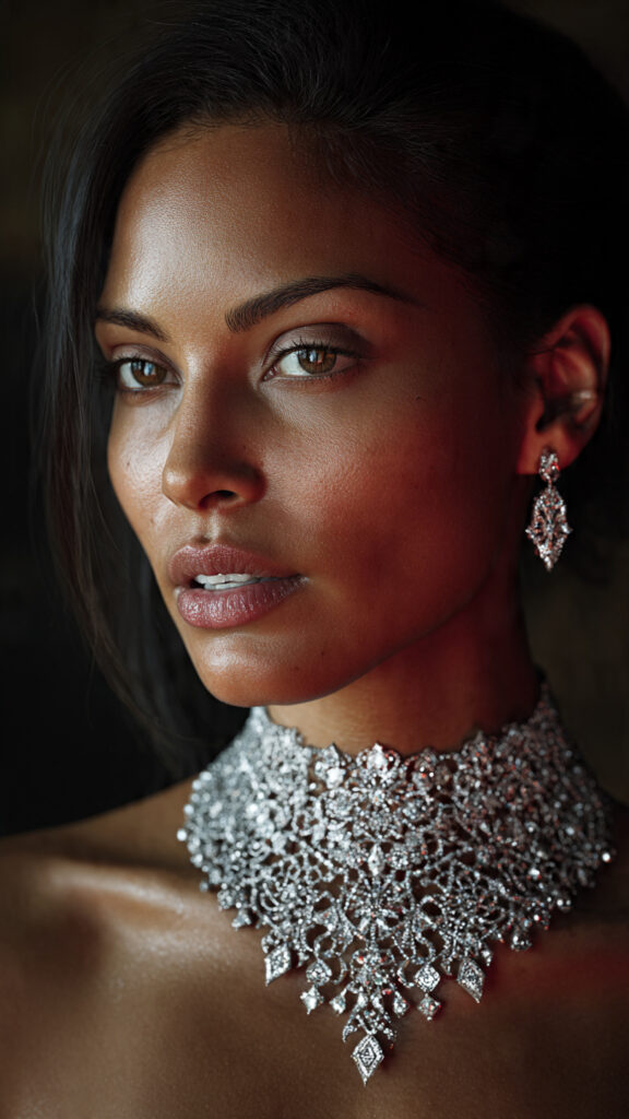 Model wearing heavy diamond necklace set