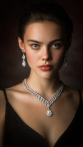 Model wearing earings paired with a diamond necklace set