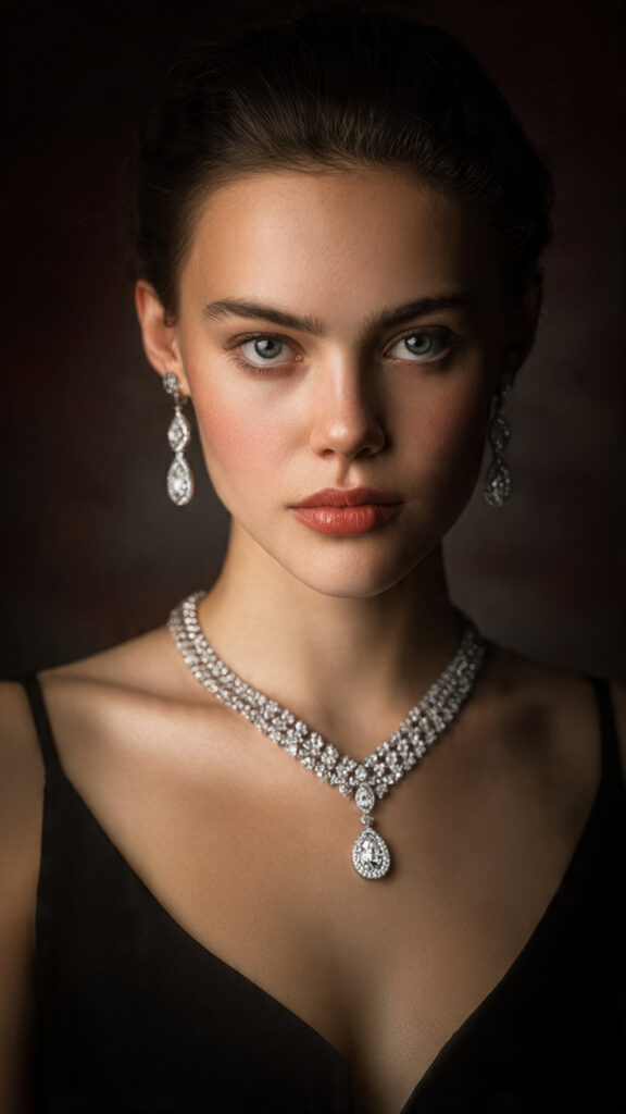 Model wearing earings paired with a diamond necklace set