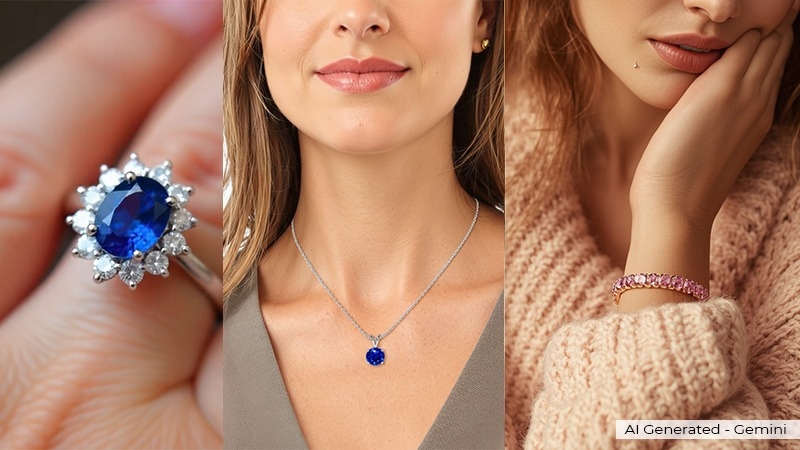 a woman is wearing blue Sapphire Gemstone necklace