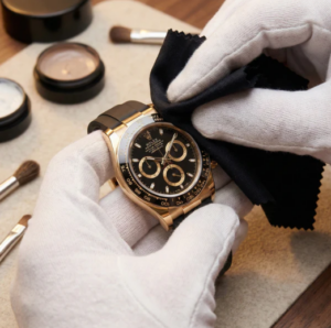 white gloved hands polisiong luxury watches in Dubai
