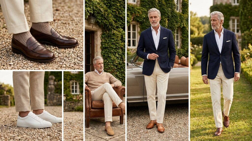 old money fashion aesthetic MODEL WEAQRING BLUE BLAZER  AND BEIGE SWEATER WUTHG BROWN LIAFERS AND WHITE SNEAKERS