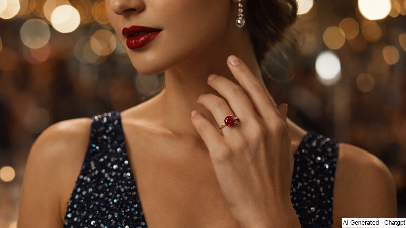 a woman is wearing ruby ring