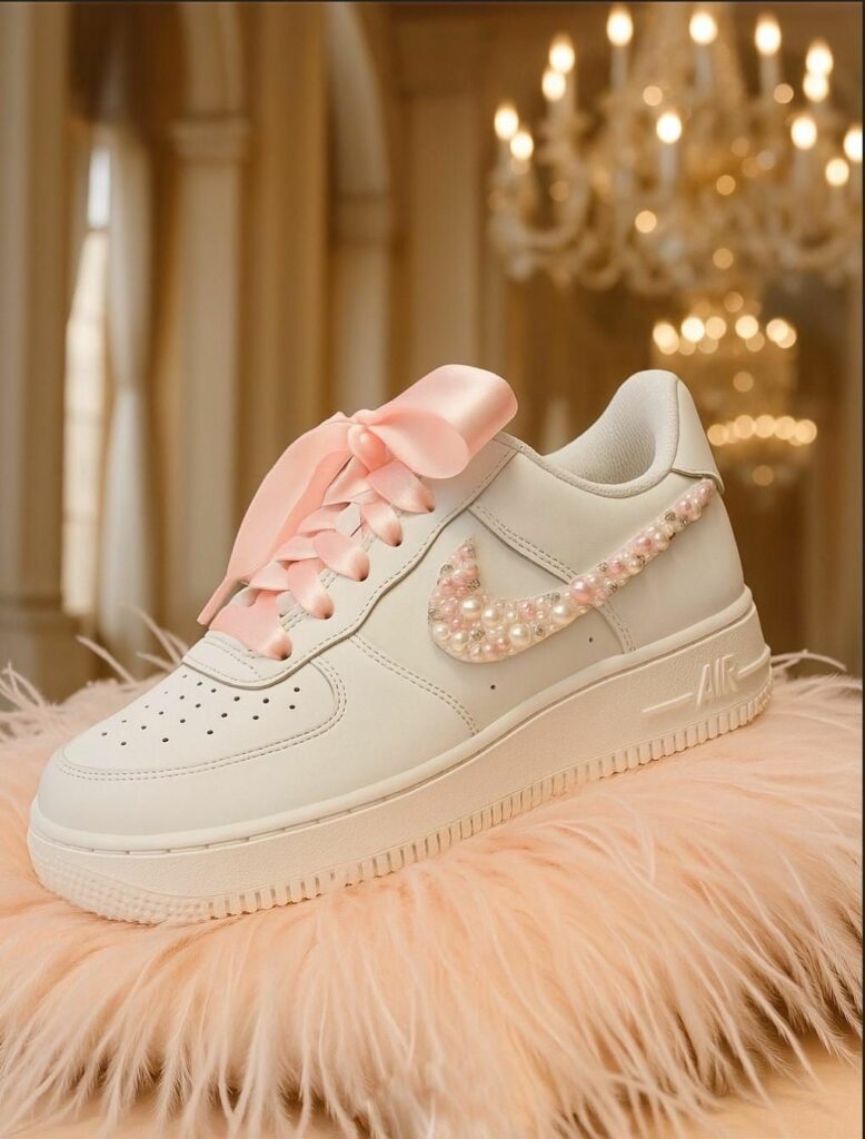 Nike air sneakers with pink ribbon and pearls