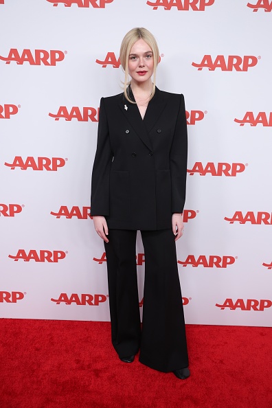 Elle Fanning wore a Chloé fitted jacket and flared trousers for her presentation at AARP The Magazine’s 24th Annual Movies for Grownups Awards.