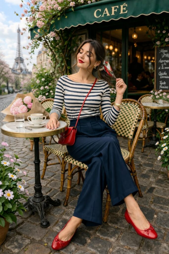 a woman is wearing a red Ballet Flats
