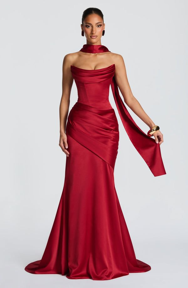 red satin evening dress