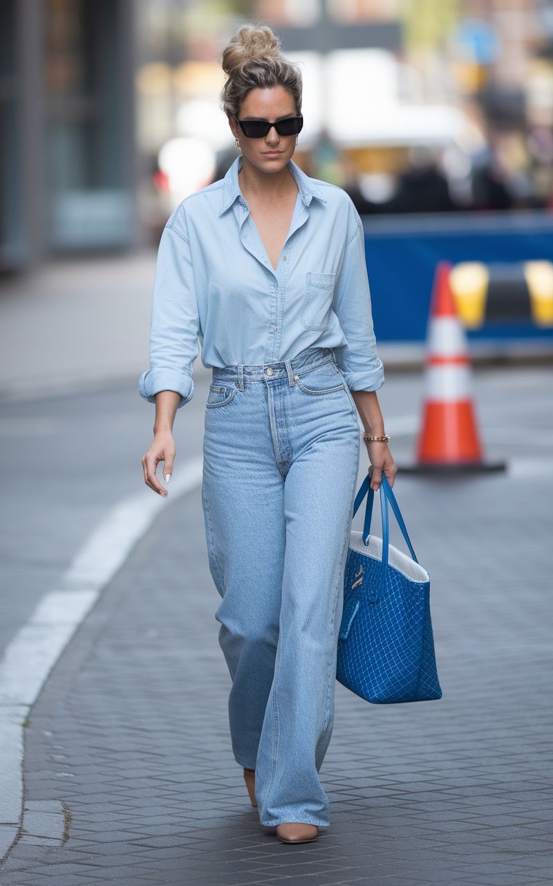 Woman in Light-Wash Denim shirt and high-waisted jeans walks on city street wearing black sunglasses, carrying a blue tote bag.
