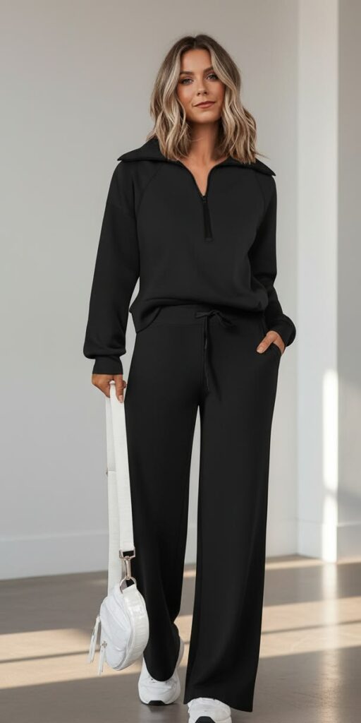 Full-body shot of a woman wearing a black zip-neck sweatshirt and matching wide-leg pants, holding a white crossbody bag and wearing white sneakers indoors.