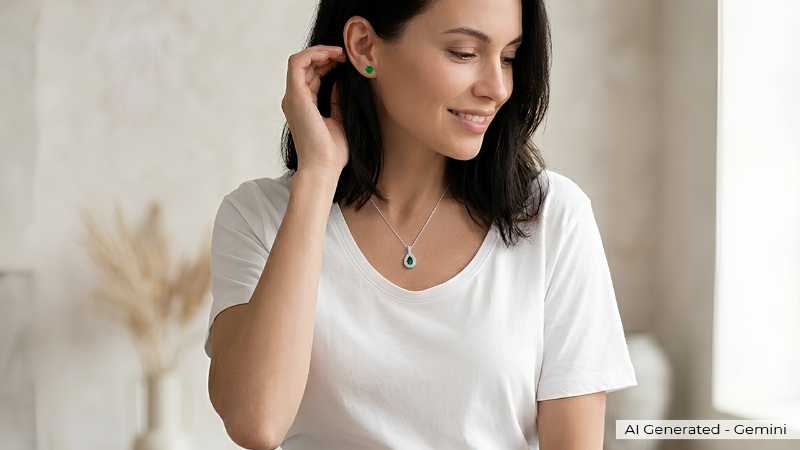 A woman wearing a white t-shirt and jeans with emerald studs or a delicate pendant