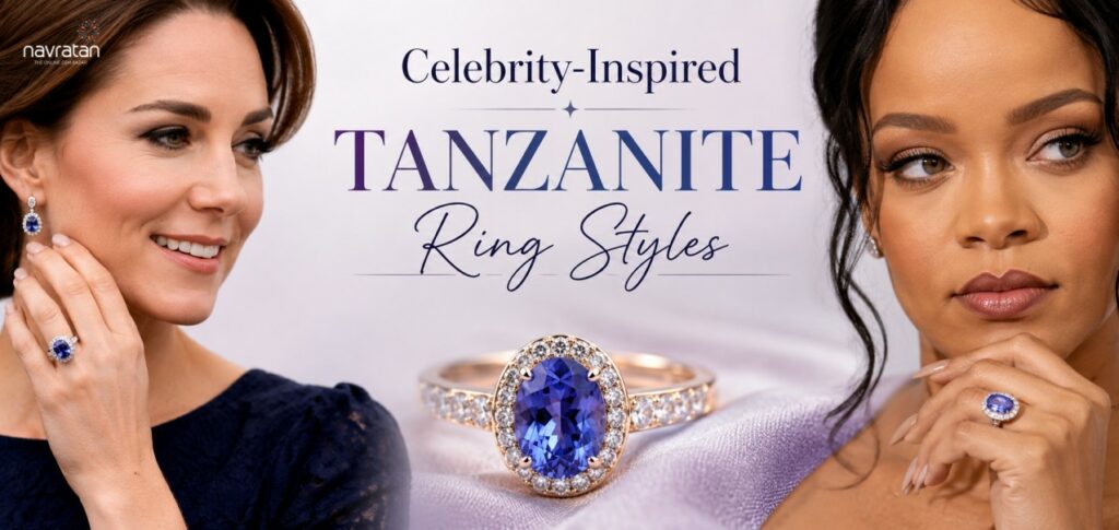 Two women model Tanzanite jewelry; a large blue gemstone ring is centered with the title 'Celebrity-Inspired Tanzanite Ring Styles'.