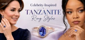 Two women model Tanzanite jewelry; a large blue gemstone ring is centered with the title 'Celebrity-Inspired Tanzanite Ring Styles'.