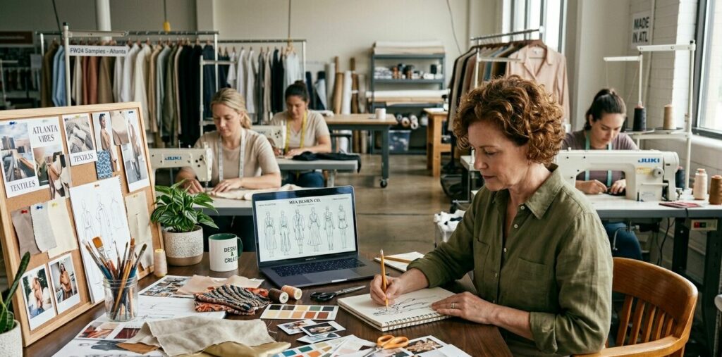 Fashion designer sketching at a busy design desk with fabrics, swatches, and a laptop showing garment sketches on screen.