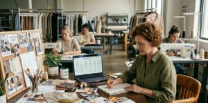 Fashion designer sketching at a busy design desk with fabrics, swatches, and a laptop showing garment sketches on screen.
