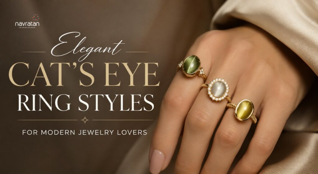 Close-up of a hand wearing three gold cat's-eye rings (green, pearl, and yellow stones) on satin fabric, with 'Elegant Cat's Eye Ring Styles' written beside.