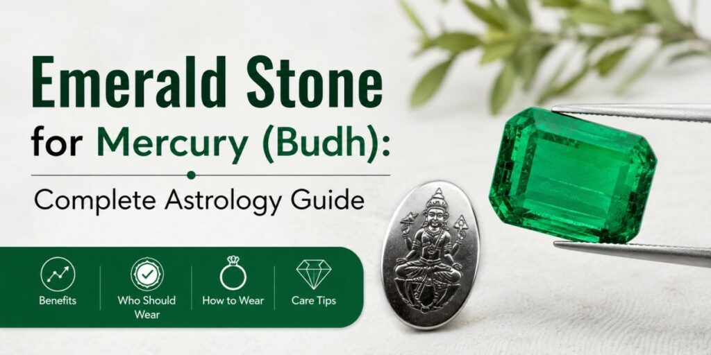 Cover image for 'Emerald Stone for Mercury (Budh): Complete Astrology Guide' showing an emerald, a silver pendant, and a green benefits bar with section icons: Benefits, Who Should Wear, How to Wear, Care Tips