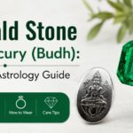 Cover image for 'Emerald Stone for Mercury (Budh): Complete Astrology Guide' showing an emerald, a silver pendant, and a green benefits bar with section icons: Benefits, Who Should Wear, How to Wear, Care Tips