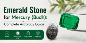 Cover image for 'Emerald Stone for Mercury (Budh): Complete Astrology Guide' showing an emerald, a silver pendant, and a green benefits bar with section icons: Benefits, Who Should Wear, How to Wear, Care Tips