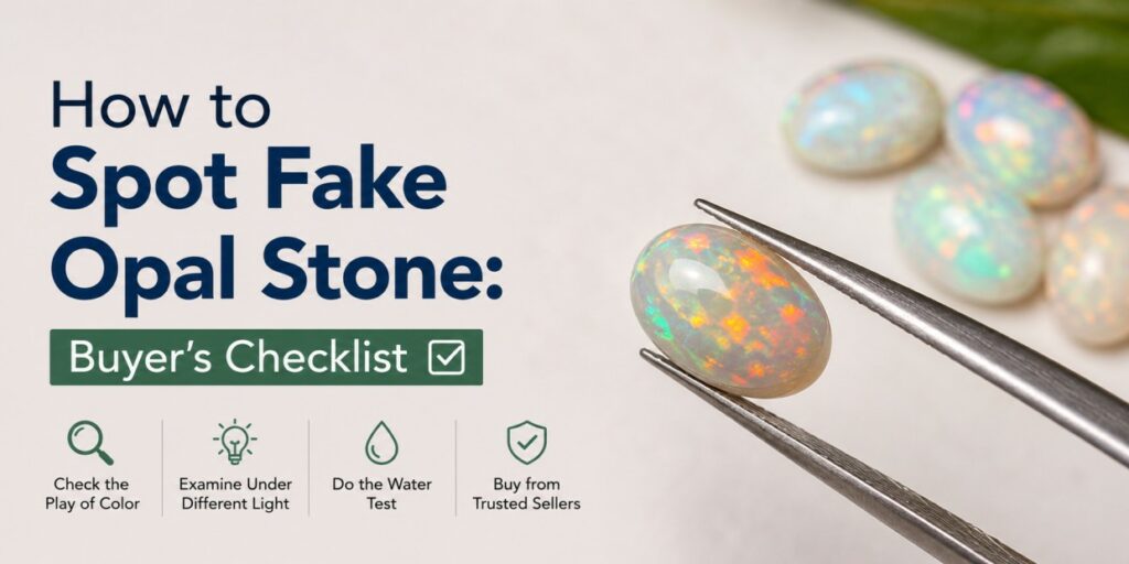 Header image: Title 'How to Spot Fake Opal Stone' with a green 'Buyer's Checklist' badge and opal held by tweezers, plus four checklist icons on the left.