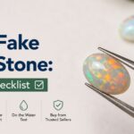 Header image: Title 'How to Spot Fake Opal Stone' with a green 'Buyer's Checklist' badge and opal held by tweezers, plus four checklist icons on the left.