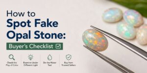 Header image: Title 'How to Spot Fake Opal Stone' with a green 'Buyer's Checklist' badge and opal held by tweezers, plus four checklist icons on the left.