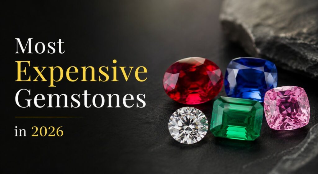 Headline: 'Most Expensive Gemstones in 2026' with a cluster of colorful jewels on a dark background on the right.