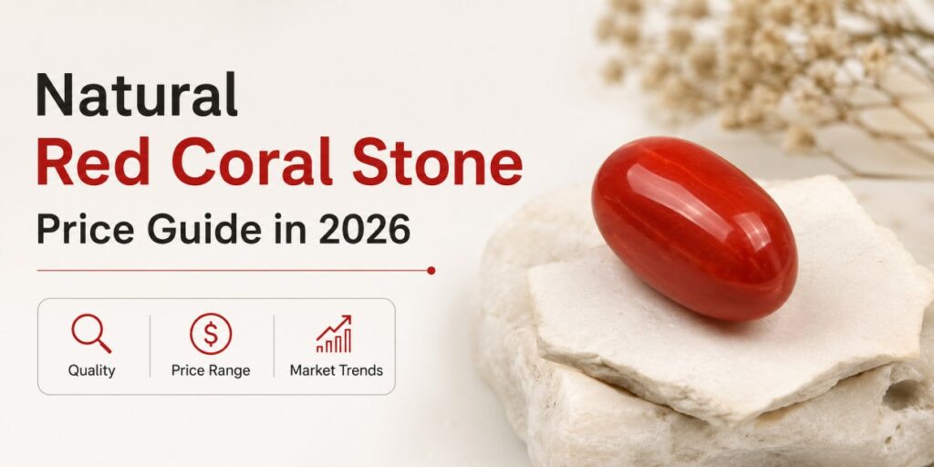 Natural Red Coral Stone Price Guide in 2026 banner with a red coral stone on white rock and icons for Quality, Price Range, Market Trends