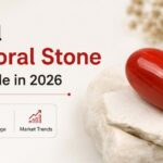 Natural Red Coral Stone Price Guide in 2026 banner with a red coral stone on white rock and icons for Quality, Price Range, Market Trends
