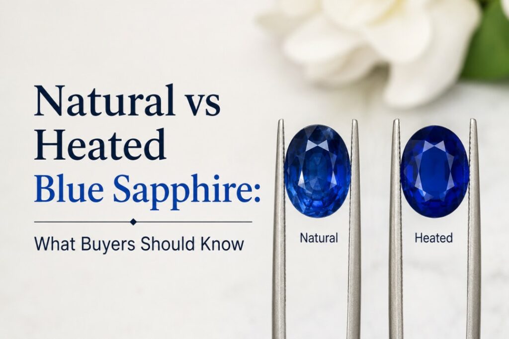 Two blue sapphires on forks labeled Natural and Heated, beside the headline 'Natural vs Heated Blue Sapphire: What Buyers Should Know'.