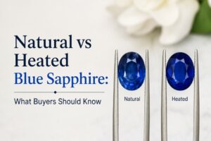 Two blue sapphires on forks labeled Natural and Heated, beside the headline 'Natural vs Heated Blue Sapphire: What Buyers Should Know'.
