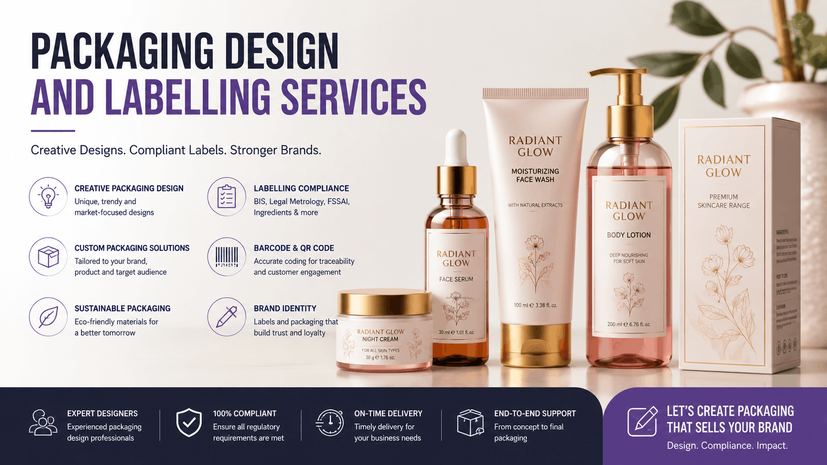 Banner advertising packaging design and labeling services, with six circular icons and text on the left and cosmetic skincare products displayed on the right.