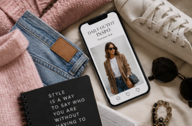 clothing shes and cell phone image with model in blazer and sun glasses 