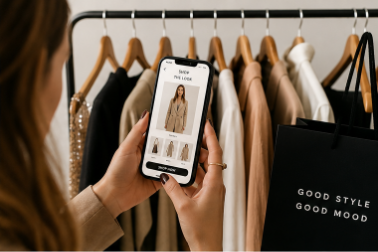 clothes rack and model taking pictures of fashion outfits with fashion apps