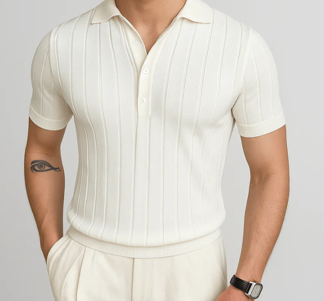 Model in white knit shirt 