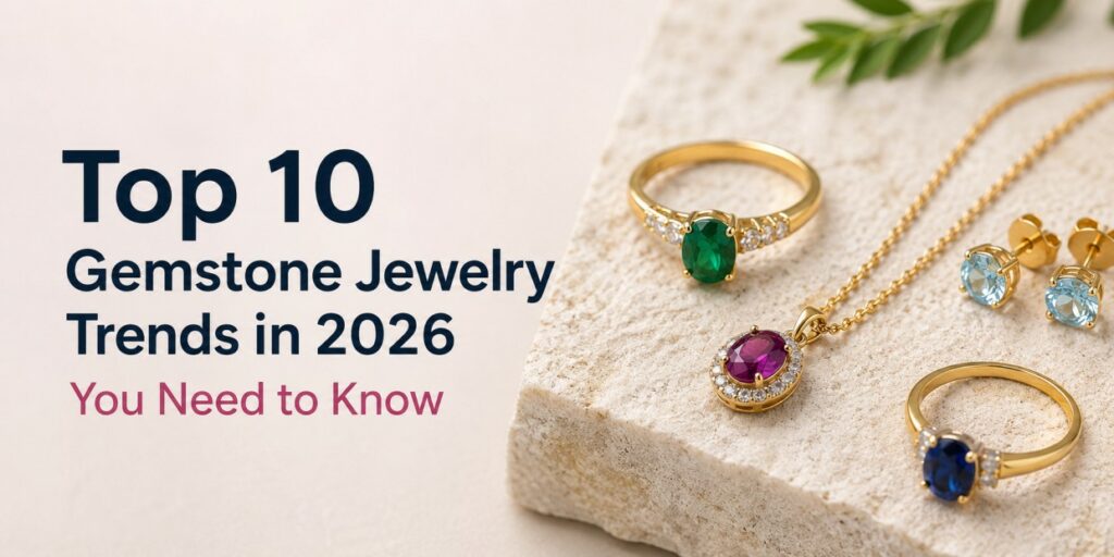 Hero image for an article: the title 'Top 10 Gemstone Jewelry Trends in 2026 You Need to Know' with gold rings, pendant, and earrings on a stone background.