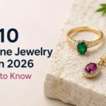 Hero image for an article: the title 'Top 10 Gemstone Jewelry Trends in 2026 You Need to Know' with gold rings, pendant, and earrings on a stone background.
