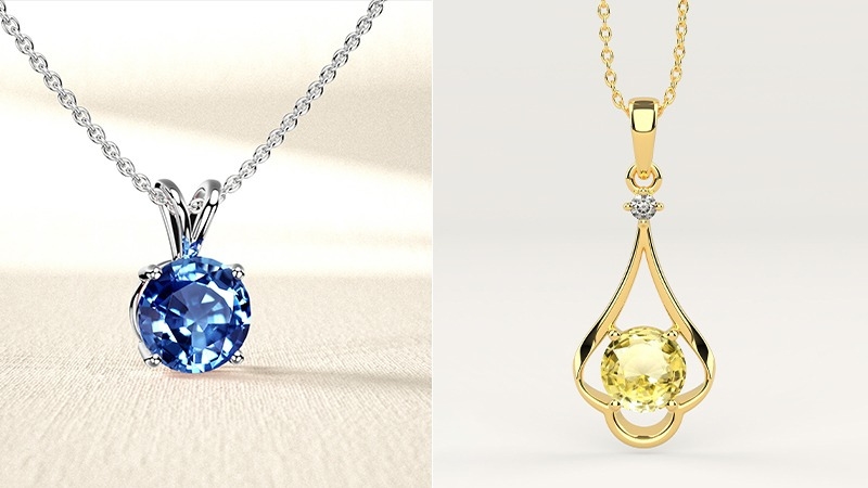 Two Sapphire necklaces: left is a round blue gemstone in a silver setting on a silver chain; right is a gold teardrop pendant with a yellow gemstone and a small diamond on a gold chain.