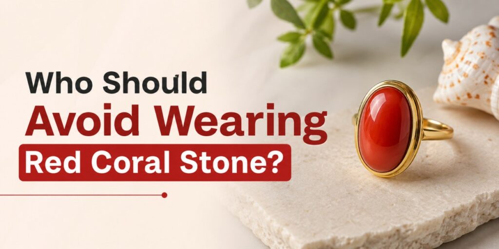 Question: Who should avoid wearing red coral stone? text on left with a red gemstone ring on a beige surface on the right.