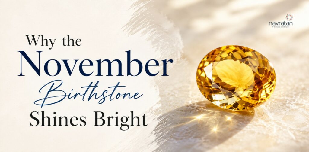 Banner announcing the November birthstone, with a gold citrine gemstone on a light background on the right side.