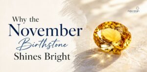 Banner announcing the November birthstone, with a gold citrine gemstone on a light background on the right side.