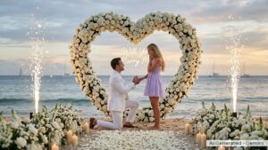 Man on one knee proposes to a woman on a beach beneath a large floral heart arch with candles, glow, and the words 'Will You Marry Me' in the center.