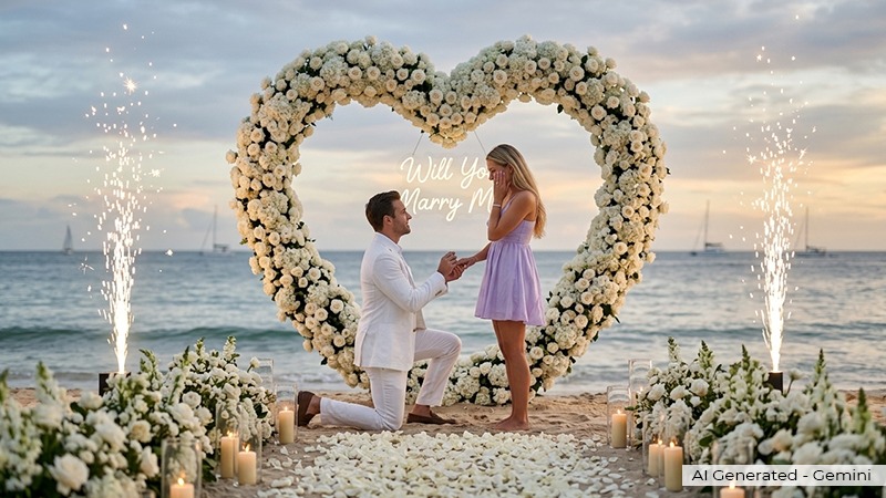 Man on one knee proposes to a woman on a beach beneath a large floral heart arch with candles, glow, and the words 'Will You Marry Me' in the center.