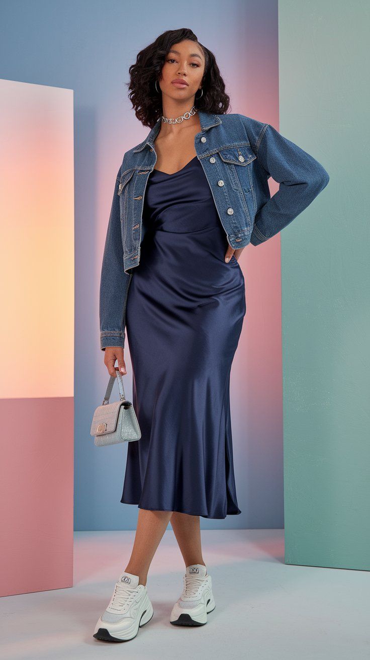 Silk summer dress over denim jacket