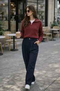 Woman walking on a city sidewalk holding iced coffee, wearing a red pullover, navy trousers, white sneakers, and sunglasses.