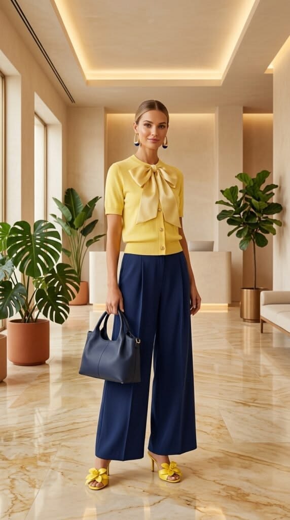Woman in a butter yellow blouse with a large bow, navy wide-leg pants, yellow heeled sandals, and a blue handbag in a bright lobby with plants