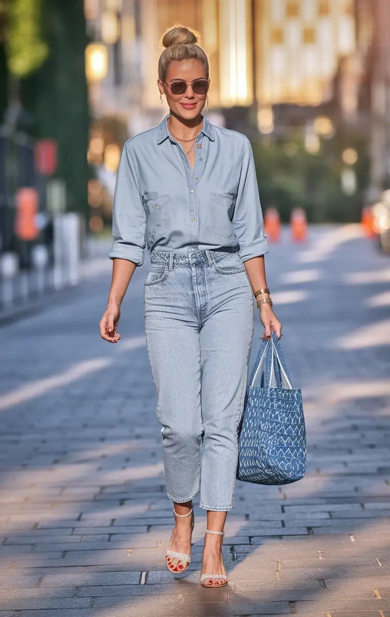 Stylish woman walking on a city street in a Light-Wash Denim shirt, high-waisted jeans, sunglasses, and a blue patterned tote bag.
