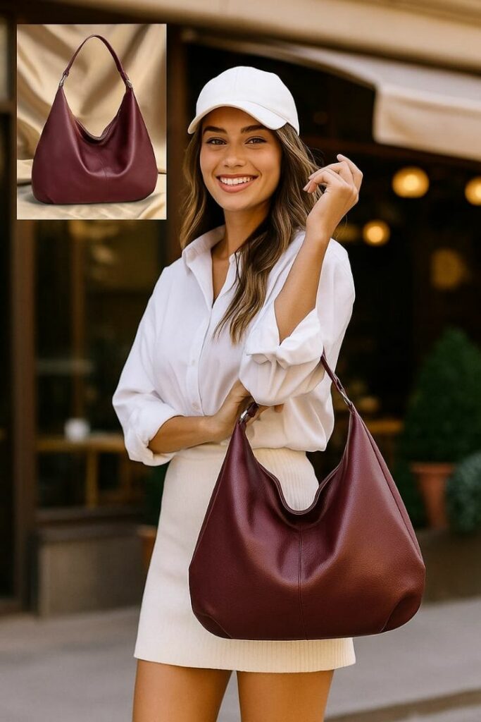 Model in white cap with sjirt dress and brown bag 