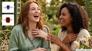 Two women laughing together in a garden, with rings on their fingers; inset images show a blue gemstone ring and a red gemstone ring.